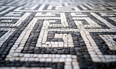 Poster - An ancient mosaic floor shows a classic Greek key pattern made of small black and white stones.