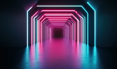 Poster - A mesmerizing tunnel of glowing neon lights creates a futuristic and abstract interior scene with blue and pink hues.