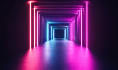 Poster - Illuminated corridor with vibrant neon lights casting a futuristic and abstract perspective view.