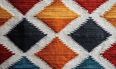 Poster - Detailed close-up of a vibrant, colorful textile featuring a geometric diamond pattern.