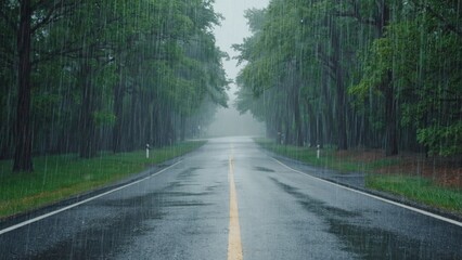 Wall Mural - A wet road in the middle of a forest, suitable for travel or outdoor adventure photography