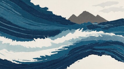Wall Mural - a serene ocean scene with waves crashing against the shore, backed by majestic mountains