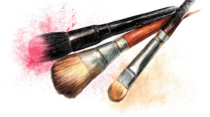 A set of makeup brushes showing signs of use with some powder remaining, commonly used for applying cosmetics.  