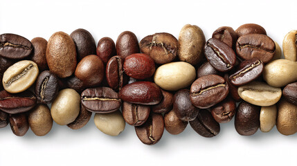 A smooth transition of coffee beans from green to dark brown, ideal for use in the coffee/beverage industry, shown against a white backdrop.  