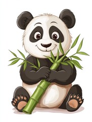 Poster - Giant panda sitting with bamboo in paws displaying a cute expression on a clean white background