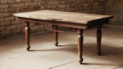 Poster - A wooden table sits in front of a brick wall, perfect for office or home use
