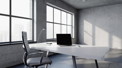 Poster - A laptop computer sits on a white desk, ready for use