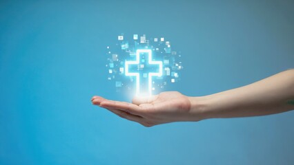 Wall Mural - a person holds a light bulb with a cross symbol, often used for guidance or illumination