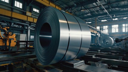 Poster - Large roll of steel in a factory setting, ideal for business or industry-related uses