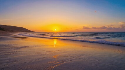 Wall Mural - A peaceful sunset scene with a calm ocean and beach in the background, perfect for travel or outdoor adventure themed projects