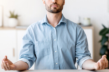 Poster - Office Zen. Relaxed Male Entrepreneur Meditating At Workplace, Coping With Stress At Work, Sitting At Desk With Eyes Closed, Free Space