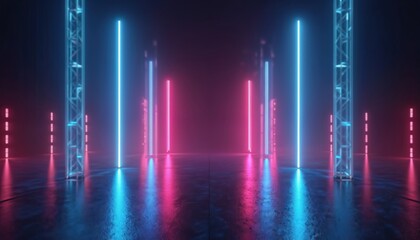 Poster - Abstract neon lines background with pink and blue glowing lights in cyberspace. Futuristic wallpaper in ultraviolet spectrum. Modern technology, laser show for music concert, performance stage.