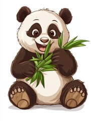 Fototapete - Cute giant panda joyfully sitting and munching on bamboo with an adorable expression against a clean white background