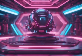 Aufkleber - podium product illustration 3d blue pink concept rendering cyberpunk spaceship object background showcase base fi technology sci interior nobody room spacecraft display stage science space pedestal