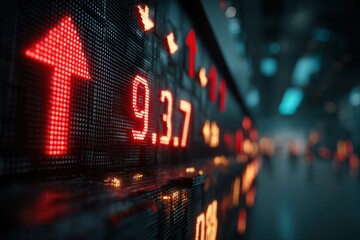 Poster - illuminated stock market ticker display with rising arrow and digital numbers showing gains, financi