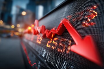 Poster - Dramatic stock market crash shown by a large red arrow pointing downwards on screen, with background of financial district buildings and blurred city lights.