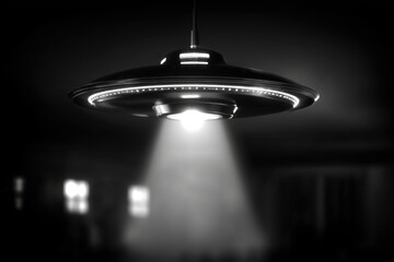 Aufkleber - Dramatic monochrome shot of an unidentified flying object illuminating with its beam of light, hanging in the air with a dark background casting shadows.