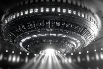 Aufkleber - Monochrome rendering of a UFO beaming light from its underside, showcasing intricate design and mysterious futuristic technology, set against a dark backdrop with specular highlights.