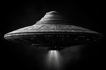 Aufkleber - A monochrome artistic rendering of a UFO with intricate patterns and bright beams of light emanating from the bottom on a dark background.