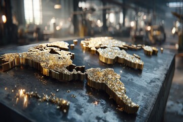 Poster - A detailed world map crafted from gold, situated on a dark, industrial surface, highlighting global connections with a touch of luxury, symbolizing wealth and worldwide industry.