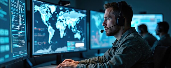 Poster - Cyber defense operation center with military analysts monitor threats in real time. Specialists use computers, communication tools protect network. Teamwork, cybersecurity, surveillance, information