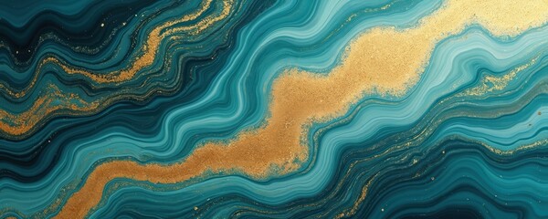 Poster - Luxurious marbling background with paint swirls in beautiful teal, golden tones. Elegant abstract art, perfect for interior design, luxury brands. Wavy flowing liquid texture with shiny, metallic