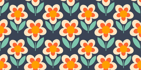 Fototapete - The flowers are a cream color with orange centers and red outlines, and they have five petals each. Each flower is accompanied by two green leaves.