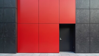 Poster - Modern minimalist architecture with striking contrast of red wall, black door against gray exterior. Bold color blocking design, urban geometric structure, simple shapes. Ideal for interior, exterior