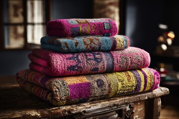 Poster - a vibrant stack of plush patterned towels, featuring bold colors and intricate designs, artistically