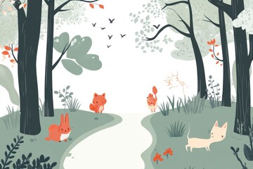 Poster - Forest path illustration features soft animals walking together in a peaceful woodland environment during a calm day