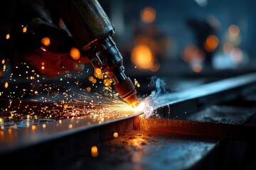 Poster - high-intensity plasma cutting of metal creating vibrant sparks and smoke, showcasing the power of in