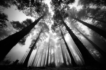 Poster - Ethereal black and white image captures towering trees reaching for the sky in a foggy forest, creating a mystical and serene atmosphere in the wilderness.