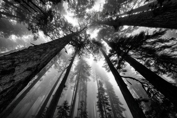 Poster - A dramatic black and white photograph of tall, majestic trees stretching towards the sky, shrouded in a mysterious, atmospheric fog, creating a sense of depth and awe.