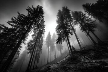 Poster - An eerie black and white landscape with tall, shadowy trees reaching into the misty sky, creating a mysterious and atmospheric scene filled with depth and intrigue.