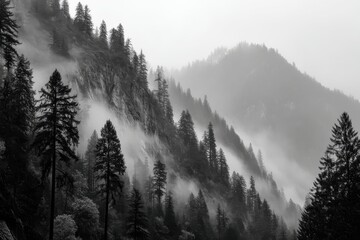 Poster - A monochrome mountain slope covered in trees disappears into the thick, swirling fog, creating an atmospheric and mysterious scene in a remote location, with the dramatic light.