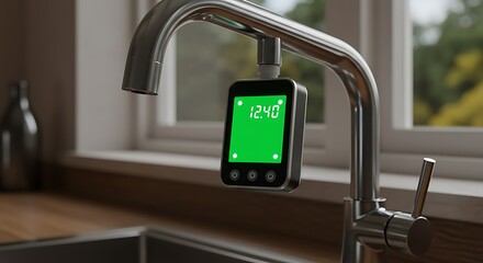 Smart water meter attached to a faucet showing real-time data for water conservation