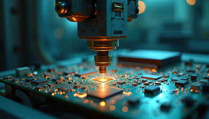 Poster - Automated machine arm calibrates, assembles circuit board components. High-tech electronic manufacturing facility with precise robotic assembly. Modern tech hardware. Industrial automation, tech