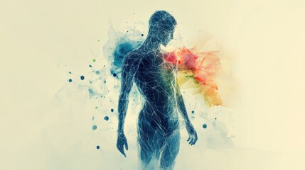 Poster - An abstract representation of the human body composed of geometric shapes and lines, symbolizing the connection between science, art, and the complexity of human life.