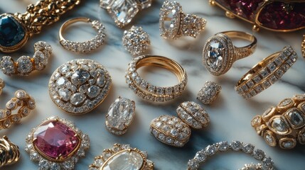 Poster - An artistic arrangement of various diamond pieces, including rings, bracelets, and necklaces, displayed elegantly on a marble surface, illustrating a treasure trove of luxury.