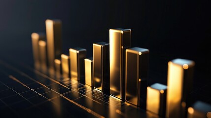 Poster - A D bar chart with metallic bars increasing steadily, set against a dark background, illustrating financial growth and economic trends.