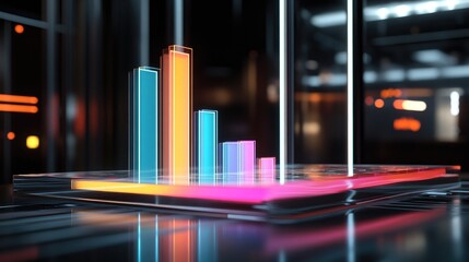 Poster - A multi-colored D bar chart displayed on a transparent digital board, illustrating business trends and data insights in a sleek, high-tech setting.
