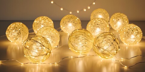 Aufkleber - Warm Glowing String Lights, Festive Yellow Orbs, And Sparkling Effects Create A Decorative, Celebratory Ambiance. The Minimalist Design On A White Background Offers Versatility. Perfect For Adding A