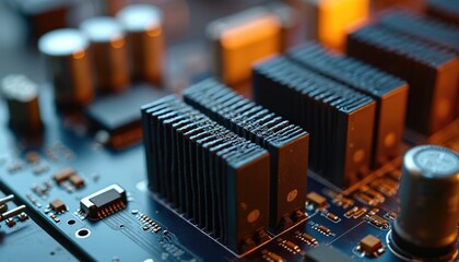 Poster - Close-up of power electronics project, visible heat sinks, capacitors, integrated circuits. Tech components for data transfer, conversion, energy management, power supply. Engineering tech.