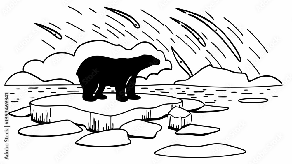 Arctic Climate Change Polar Bear on Melting Ice Floe Black and White ...