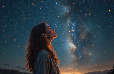 Wall Mural - Young woman looks up at starry night sky. Illustration astronomer, space exploration, galaxies, celestial bodies. Girl watches meteor shower. Universe cosmos science. Astronomical observation, night