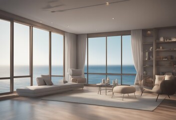 Aufkleber - background interior view architecture render sea 3d room landscape glasses nature sky illustration blue sunset blank travel building ocean shape space horizon three-dimensional futuristic design grey