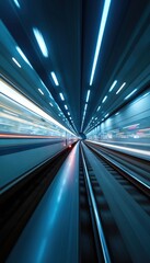 Poster - Dynamic illustration showing high-speed acceleration on railway. Motion blur creates sensation of speedy travel in futuristic tunnel. Light stripes, blue tones express high technology concept, modern