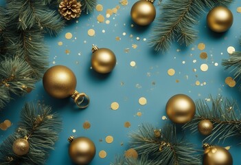 Wall Mural - vintage template blue balls flat green branch copy golden banner mockup top xmas confetti postcard d