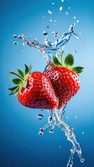 Poster -  Two strawberries in water droplets against blue background.