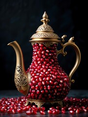 Aufkleber -  A golden teapot filled with pomegranate seeds.